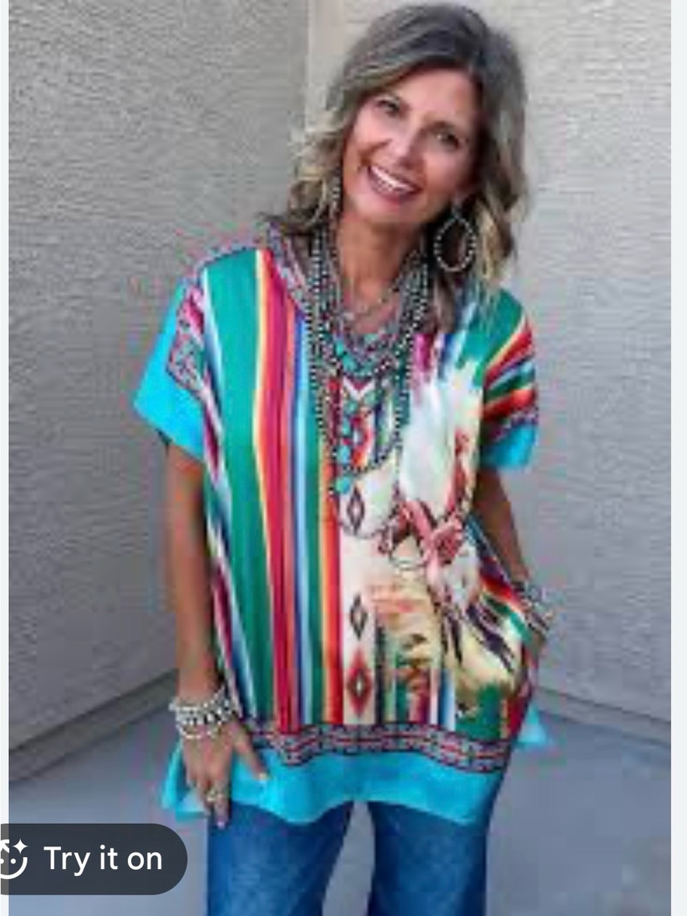 Turquoise Multi-Stripe V-Neck Tunic Poncho Top